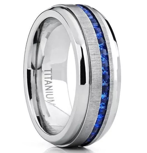 Men's 8mm Brushed Titanium Steel Blue Sapphire CZ Comfort-Fit Wedding Band